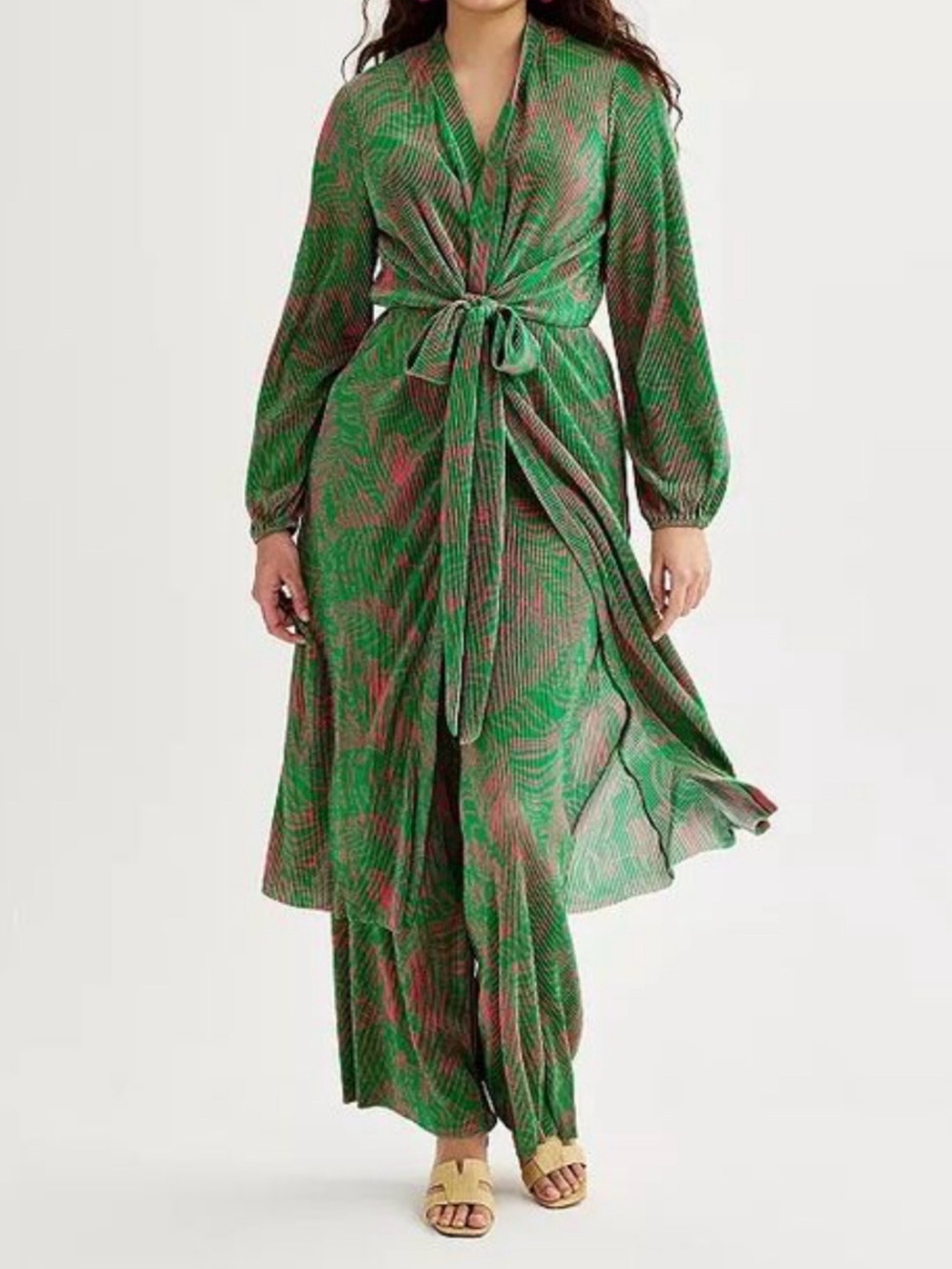INTEMPO Green and Pink Print Tie-Waist Maxi Duster and Pants Women’s Size XL NWT